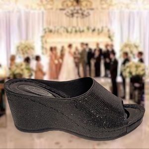 Italina Black Bedazzled Rhinestone Platform Wedge Sandal